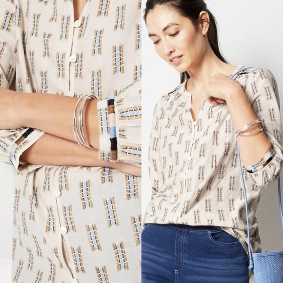 Pure Jill J. Jill Easy Button Front Boho Embroidered 3/4 Sleeve Blouse XL Cream - Picture 2 of 16